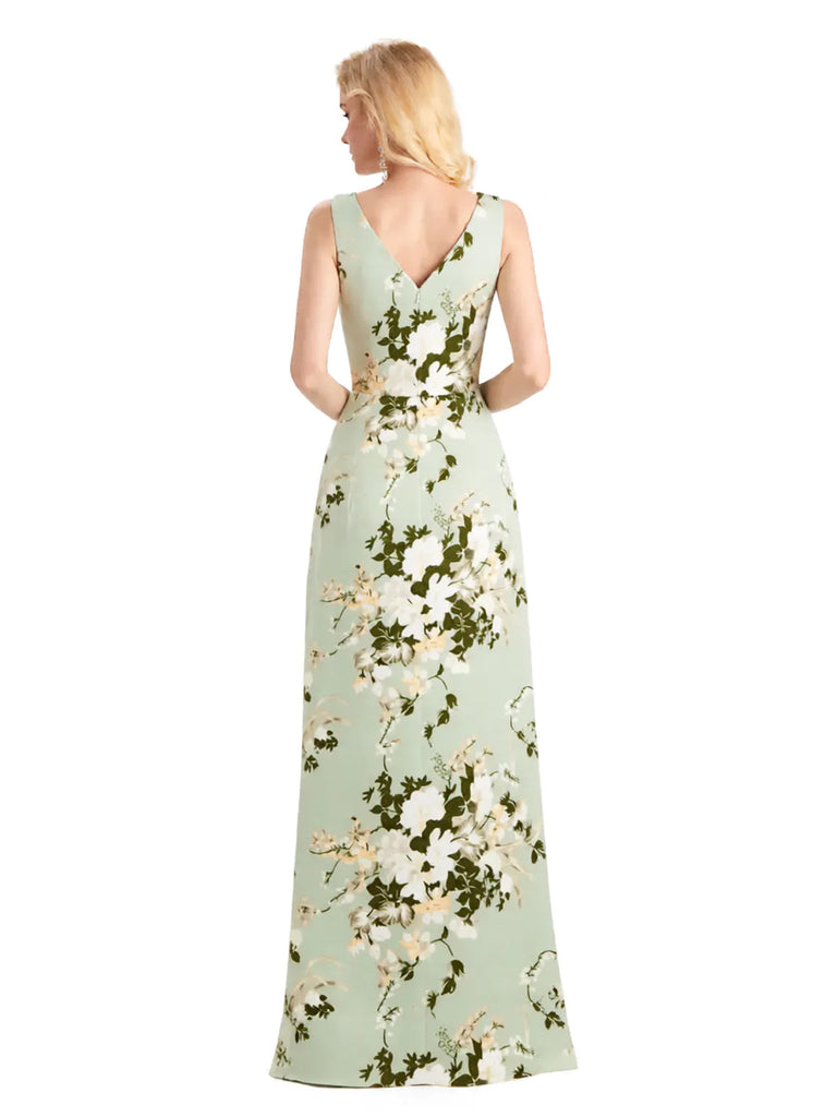 Beautiful V-Neck Mermaid Floral Satin Maxi Floral Formal Dresses For Women