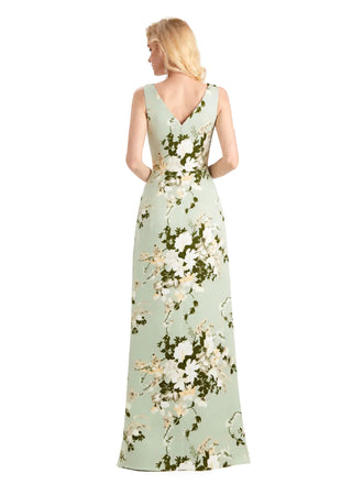 Beautiful V-Neck Mermaid Floral Satin Maxi Floral Formal Dresses For Women