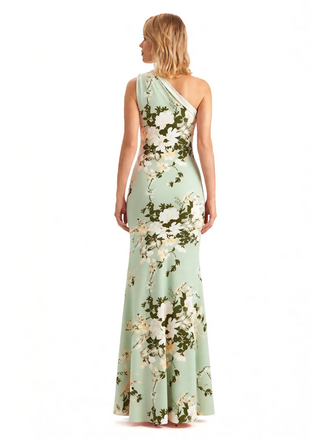 Sexy One Shoulder Side Slit Mermaid Long Satin Floral Formal Dresses For Women