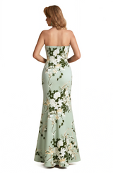 Elegant Strapless Side Slit Mermaid Long Satin Floral Formal Dresses For Women