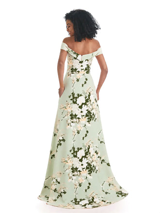 Trendy Off Shoulder A-Line Long Floral Satin Women Formal Evening Dresses
