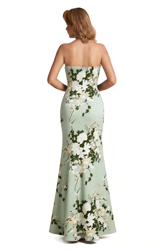 Elegant Strapless Side Slit Mermaid Long Satin Floral Formal Dresses For Women