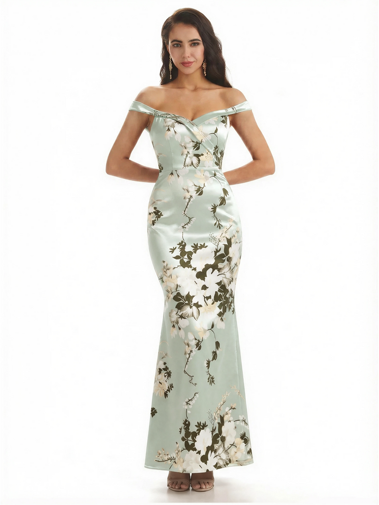 Simple Off Shoulder Mermaid Floral Satin Maxi Floral Formal Dresses For Women
