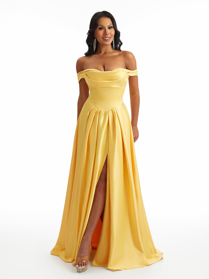 Sexy Off The Shoulder A-Line Stretch Satin Ruched Long Bridesmaid Dresses