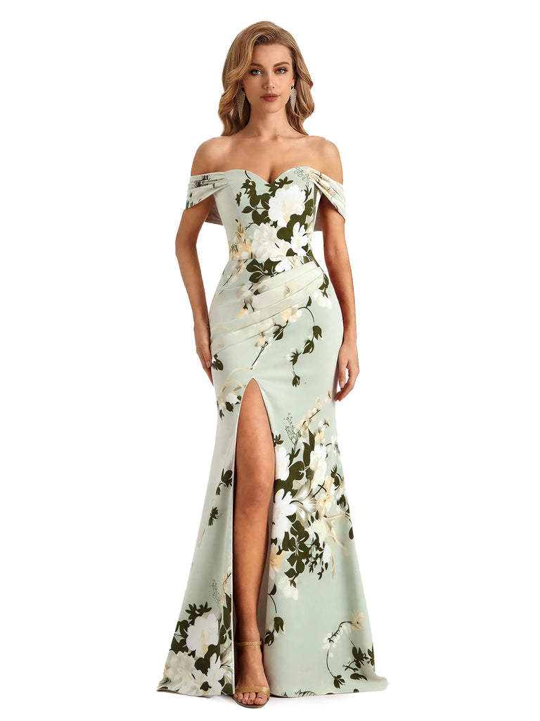 Trendy Off Shoulder Side Slit Mermaid Long Satin Floral Formal Evening Dresses For Ladies