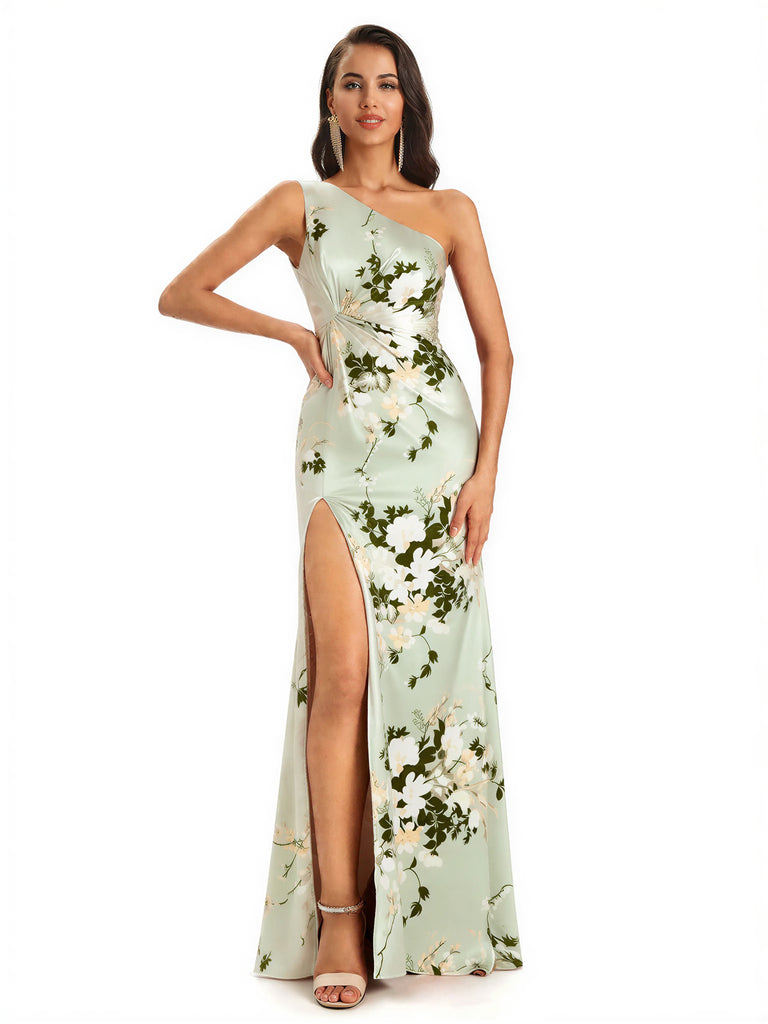 Elegant One Shoulder Mermaid Side Slit Floral Satin Maxi Floral Formal Dresses For Women