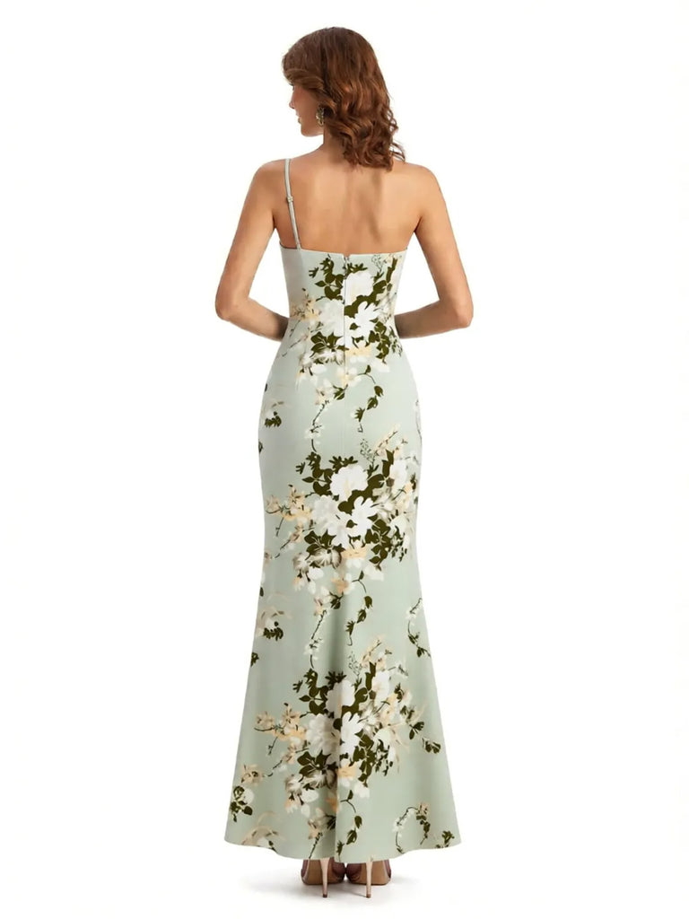 Simple One Shoulder Side Slit Sleeveless Mermaid Floral Satin Maxi Floral Formal Dresses For Women