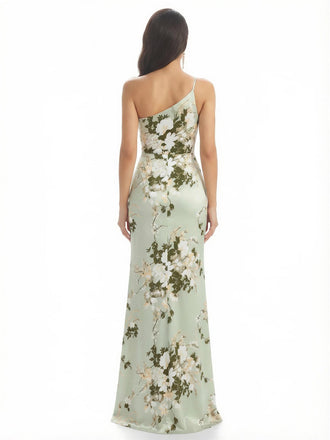 Elegant One Shoulder Mermaid Long Satin Floral Formal Dresses For Women