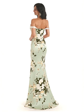 Trendy Off Shoulder Mermaid Floral Satin Maxi Floral Evening Formal Dresses