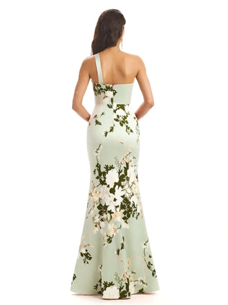 Sexy One Shoulder Side Slit Mermaid Satin Floral Formal Dresses For Women