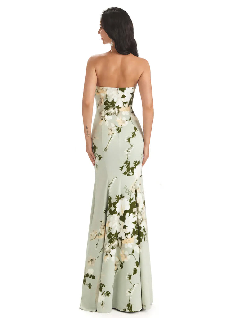 Sexy Sweetheart Side Slit Mermaid Long Satin Floral Formal Dresses For Women