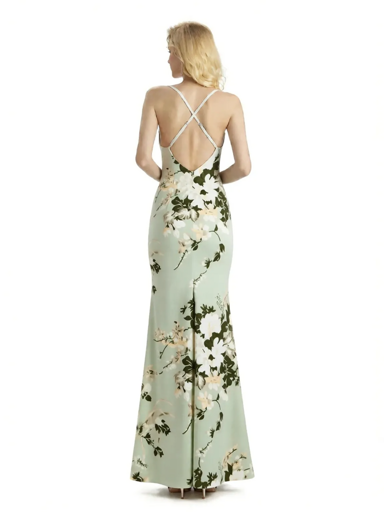 Sexy Jewel Spaghetti Straps Mermaid Long Satin Floral Formal Dresses For Women