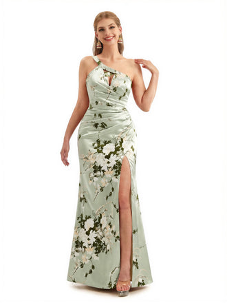 Beautiful One Shoulder Side Slit Mermaid Floral Satin Maxi Floral Formal Dresses For Women