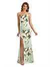 Simple One Shoulder Side Slit Sleeveless Mermaid Floral Satin Maxi Floral Formal Dresses For Women