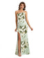 Simple One Shoulder Side Slit Sleeveless Mermaid Floral Satin Maxi Floral Formal Dresses For Women
