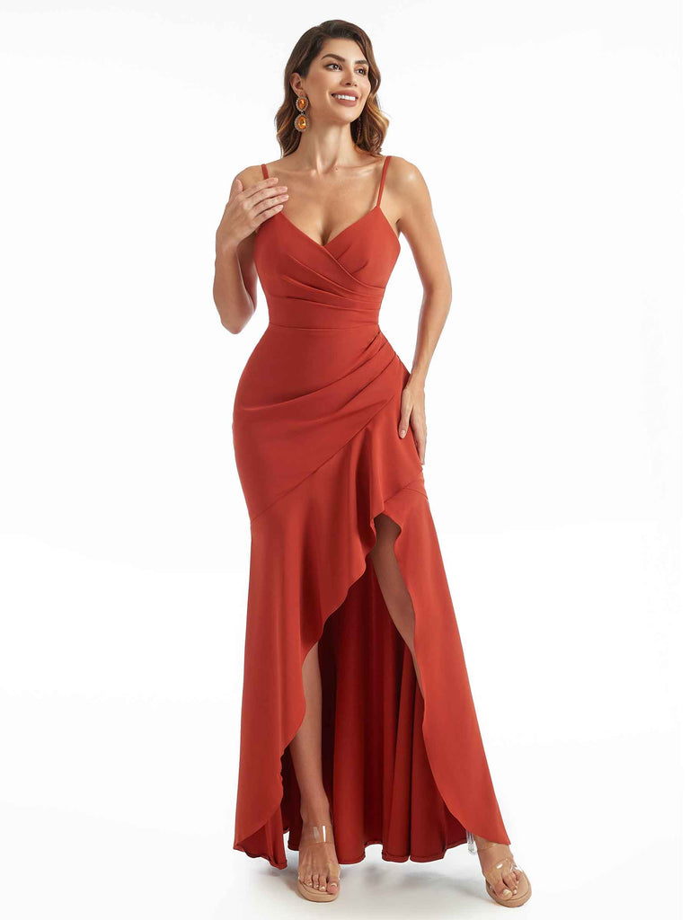 Sexy Side Split Mermaid Spaghetti Straps Stretchy Crepe High-Low Bridesmaid Dresses