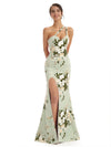 Elegant One Shoulder Side Slit Mermaid Floral Satin Maxi Floral Formal Dresses For Women