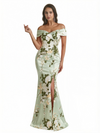 Sexy Off Shoulder Mermaid Long Satin Floral Formal Dresses For Women