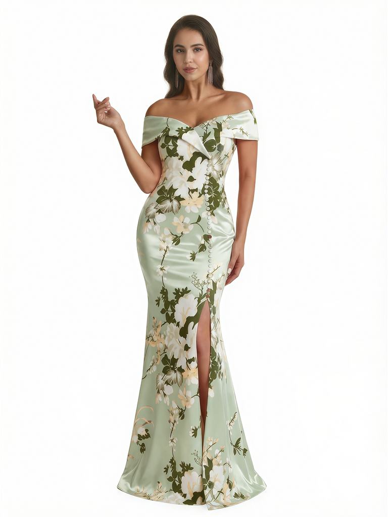 Sexy Off Shoulder Mermaid Long Satin Floral Formal Dresses For Women