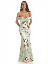 Elegant Off Shoulder Mermaid Floral Satin Maxi Floral Formal Evening Dresses