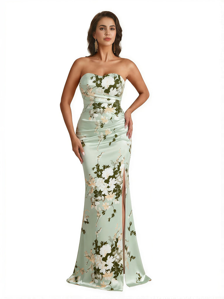 Trendy Sweetheart Strapless Side Slit Mermaid Long Satin Floral Formal Dresses For Women