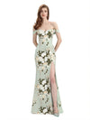Elegant Off Shoulder Mermaid Side Slit Floral Satin Maxi Floral Formal Dresses For Women