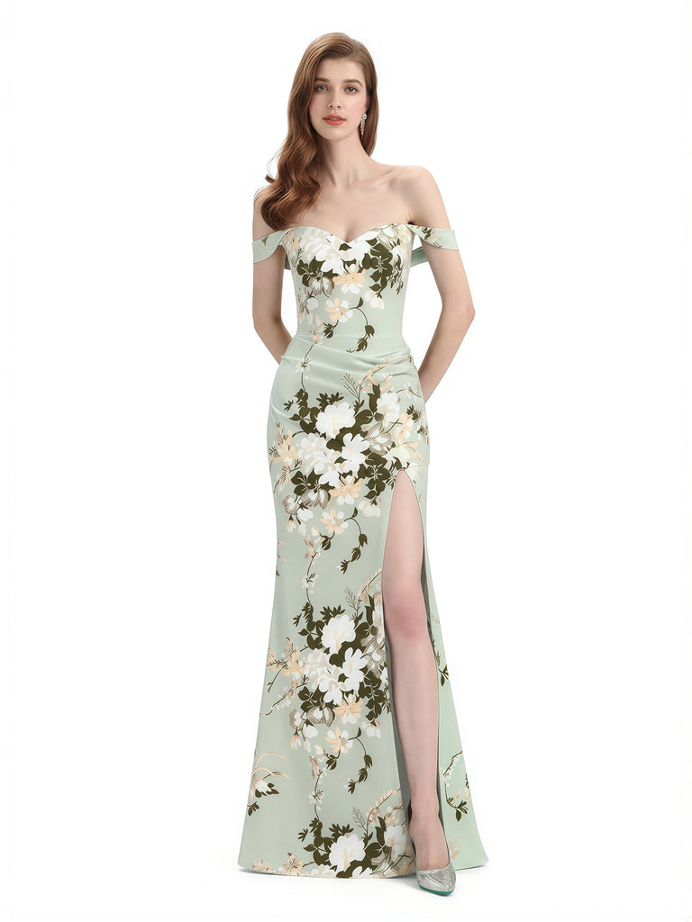 Elegant Off Shoulder Mermaid Side Slit Floral Satin Maxi Floral Formal Dresses For Women