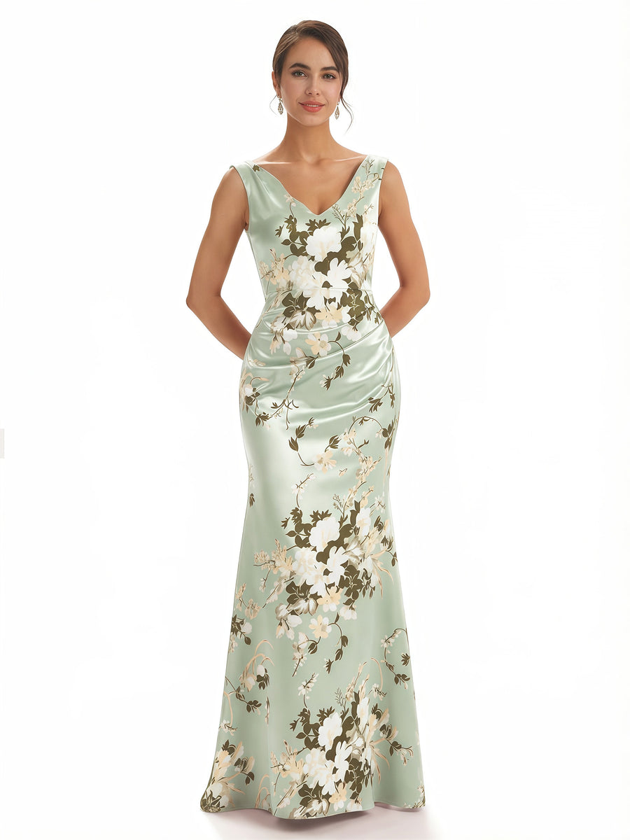 Trendy V-Neck Mermaid Floral Satin Maxi Floral Formal Evening Dresses For Women