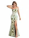 Elegant Strapless Side Slit Mermaid Long Satin Floral Formal Dresses For Women
