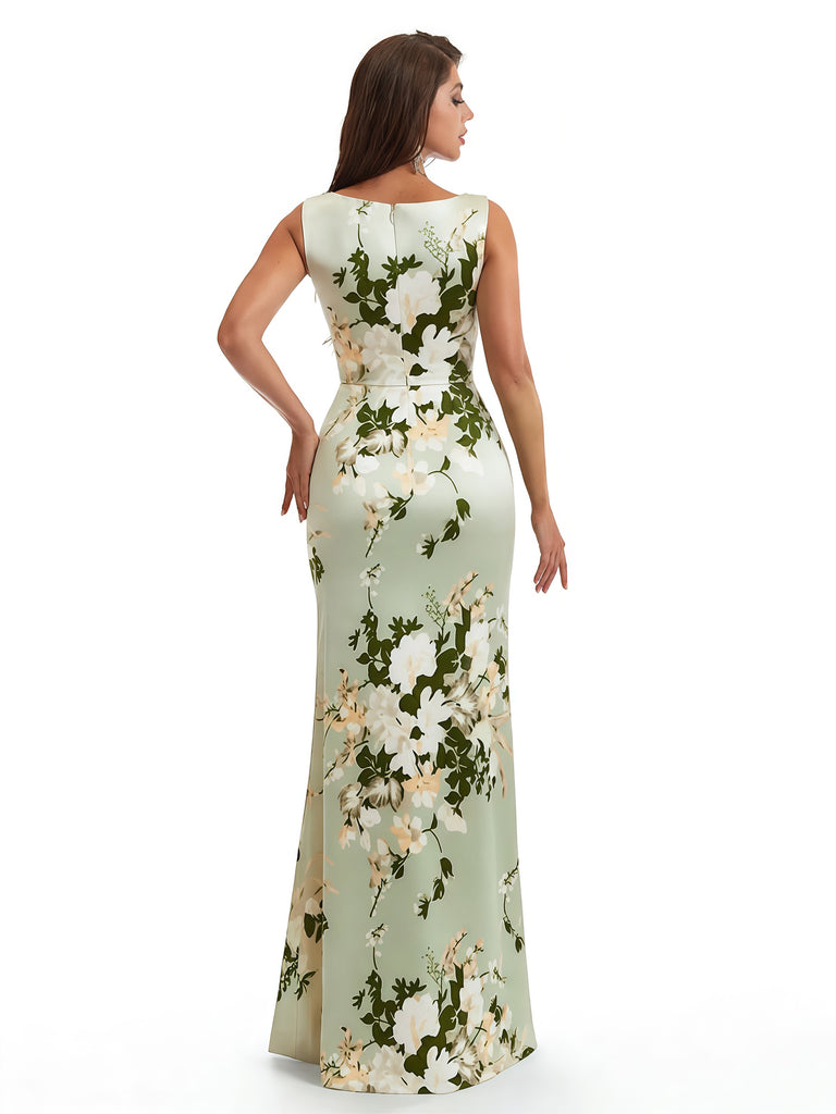 Elegant Spaghetti Straps Cowl Mermaid Long Satin Floral Formal Evening Dresses For Ladies