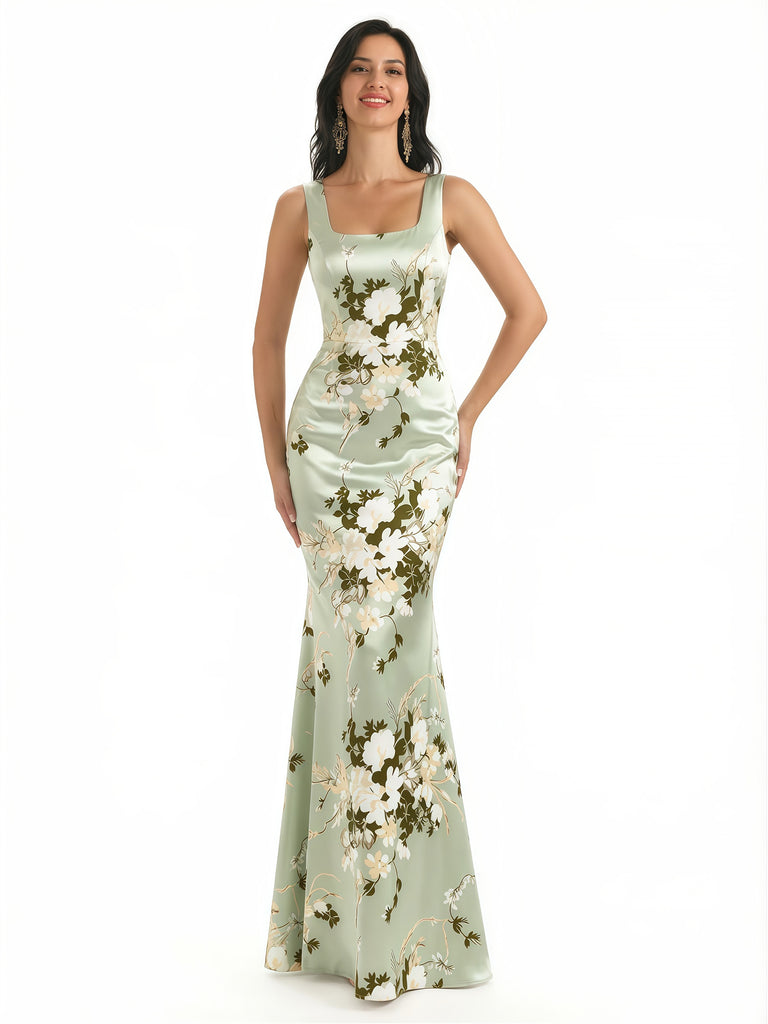 Elegant Spaghetti Straps Square Mermaid Long Satin Floral Formal Evening Dresses For Ladies