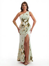 Simple One Shoulder Side Slit Mermaid Floral Satin Maxi Floral Formal Dresses For Women