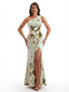 Simple One Shoulder Side Slit Mermaid Floral Satin Maxi Floral Formal Dresses For Women