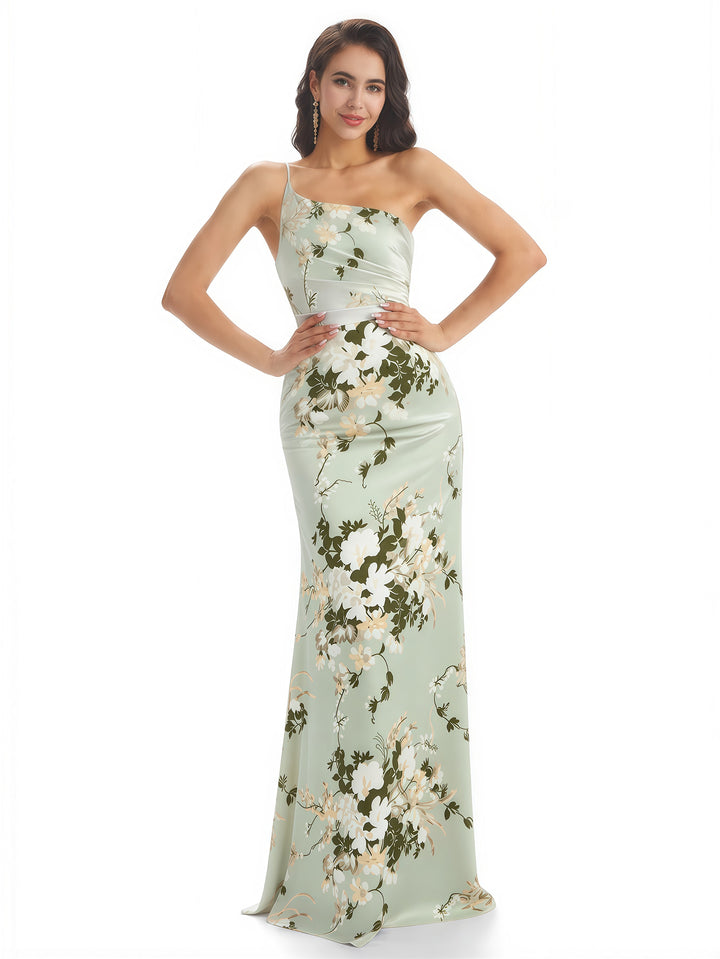 Elegant One Shoulder Mermaid Long Satin Floral Formal Dresses For Women