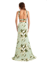 Beautiful Mermaid Halter Two Pieces Floral Satin Maxi Floral Formal Dresses For Women