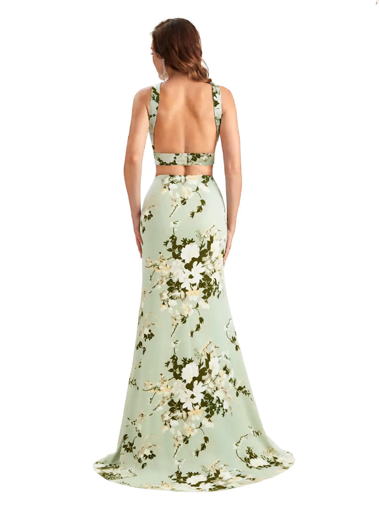 Beautiful Mermaid Halter Two Pieces Floral Satin Maxi Floral Formal Dresses For Women