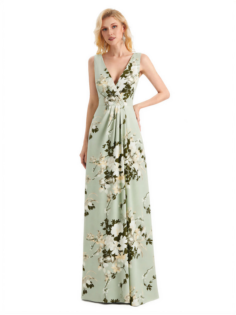 Beautiful V-Neck Mermaid Floral Satin Maxi Floral Formal Dresses For Women