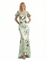 Beautiful Mermaid Cold Shoulder Floral Satin Maxi Floral Formal Dresses For Women
