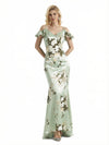 Beautiful Mermaid Cold Shoulder Floral Satin Maxi Floral Formal Dresses For Women