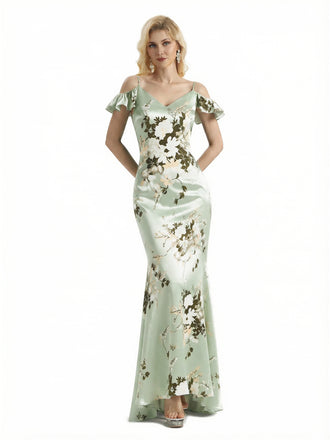 Beautiful Mermaid Cold Shoulder Floral Satin Maxi Floral Formal Dresses For Women