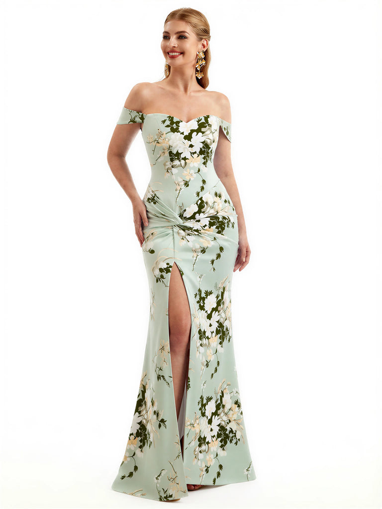 Beautiful Off Shoulder Side Slit Mermaid Floral Satin Maxi Floral Formal Dresses For Women