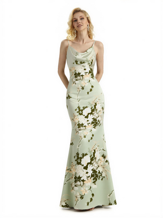 Sexy Jewel Spaghetti Straps Mermaid Long Satin Floral Formal Dresses For Women