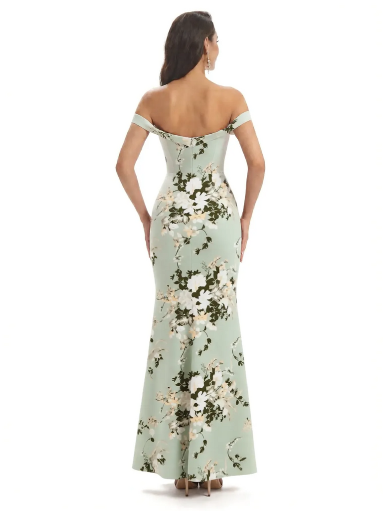 Simple Off Shoulder Mermaid Floral Satin Maxi Floral Formal Dresses For Women