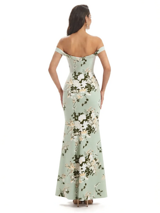 Simple Off Shoulder Mermaid Floral Satin Maxi Floral Formal Dresses For Women