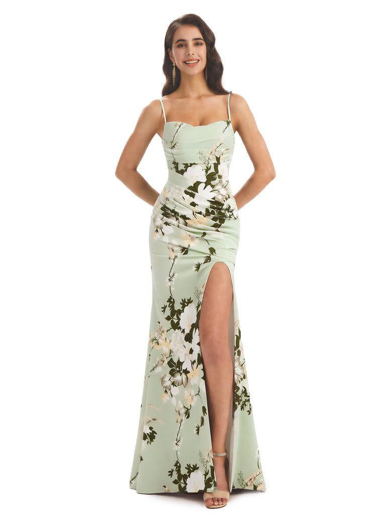 Elegant Spaghetti Straps Side Slit Mermaid Floral Satin Maxi Floral Formal Dresses For Women