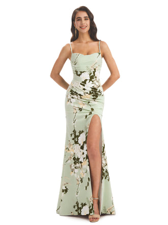 Elegant Spaghetti Straps Side Slit Mermaid Floral Satin Maxi Floral Formal Dresses For Women