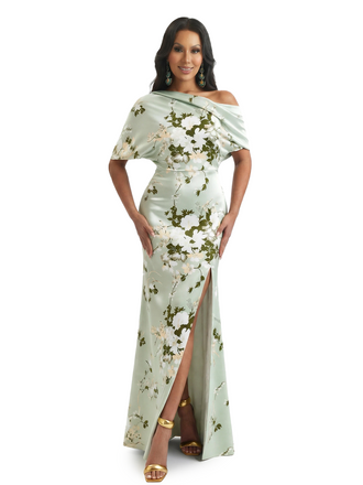 Elegant Half Sleeves Side Slit Mermaid Floral Satin Maxi Floral Formal Dresses For Women