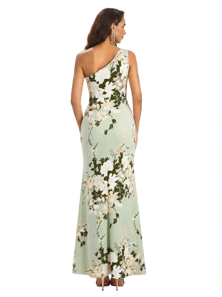 Elegant One Shoulder Mermaid Side Slit Floral Satin Maxi Floral Formal Dresses For Women