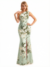 Sexy One Shoulder Side Slit Mermaid Long Satin Floral Formal Dresses For Women