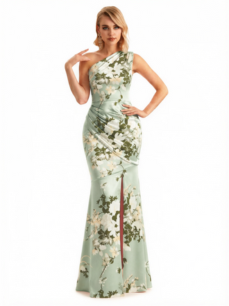 Sexy One Shoulder Side Slit Mermaid Long Satin Floral Formal Dresses For Women